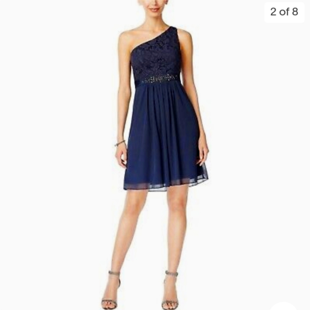Adrianna Papell Navy One-Shoulder Lace & Chiffon Cocktail Dress